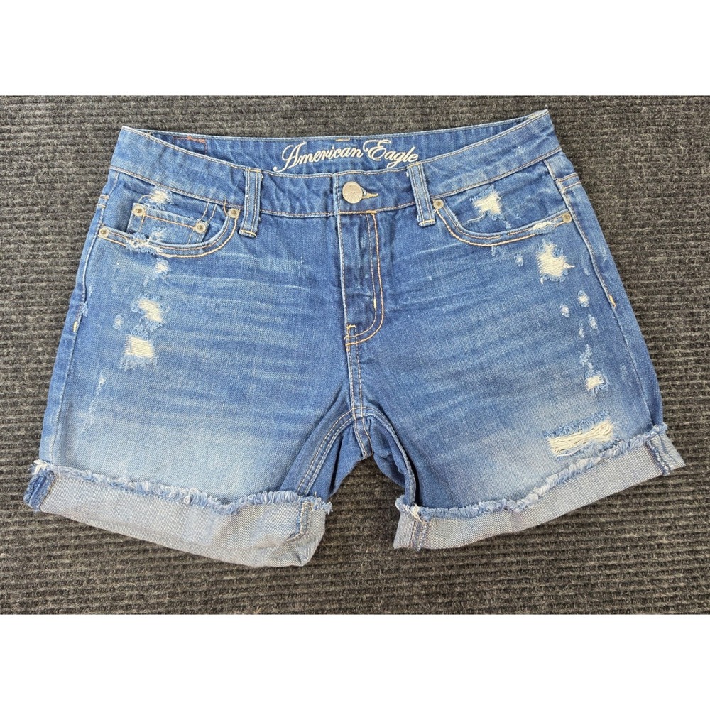 American Eagle Denim Shorts Womens 2 Blue Excellent Distressed Cuffed Cotton‎